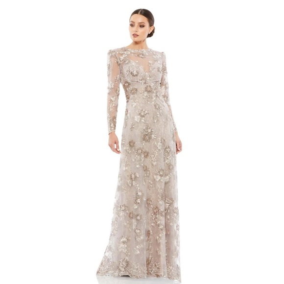Mac Duggal 67875 NWOT FLORAL EMBROIDERED ILLUSION LONG SLEEVE EVENING